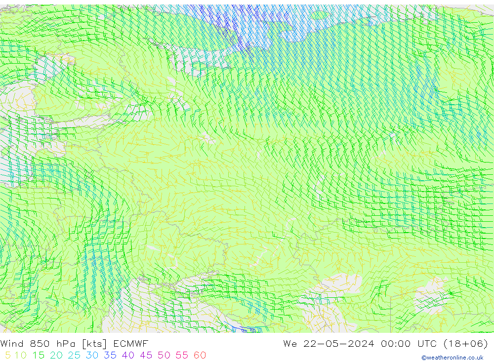 Wind 850 hPa ECMWF wo 22.05.2024 00 UTC