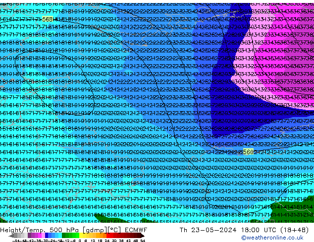 Height/Temp. 500 hPa ECMWF gio 23.05.2024 18 UTC