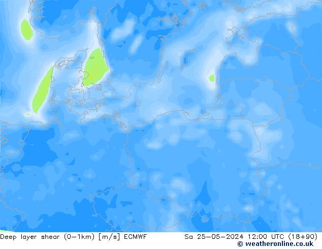 Deep layer shear (0-1km) ECMWF sam 25.05.2024 12 UTC