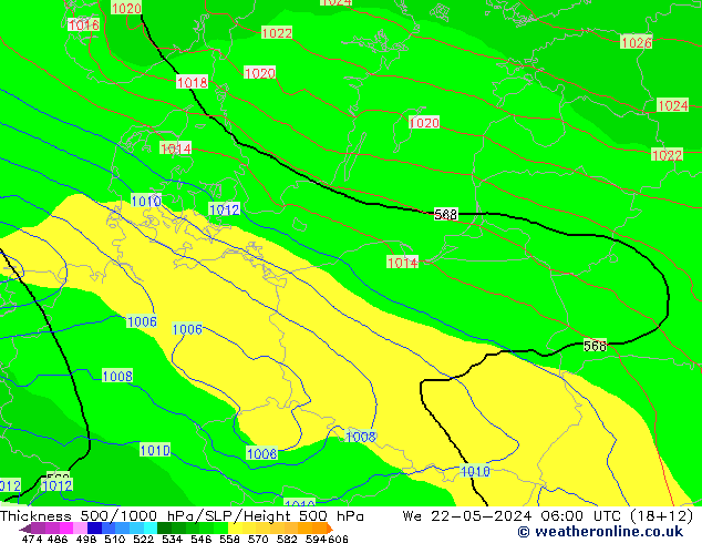 Thck 500-1000hPa ECMWF śro. 22.05.2024 06 UTC