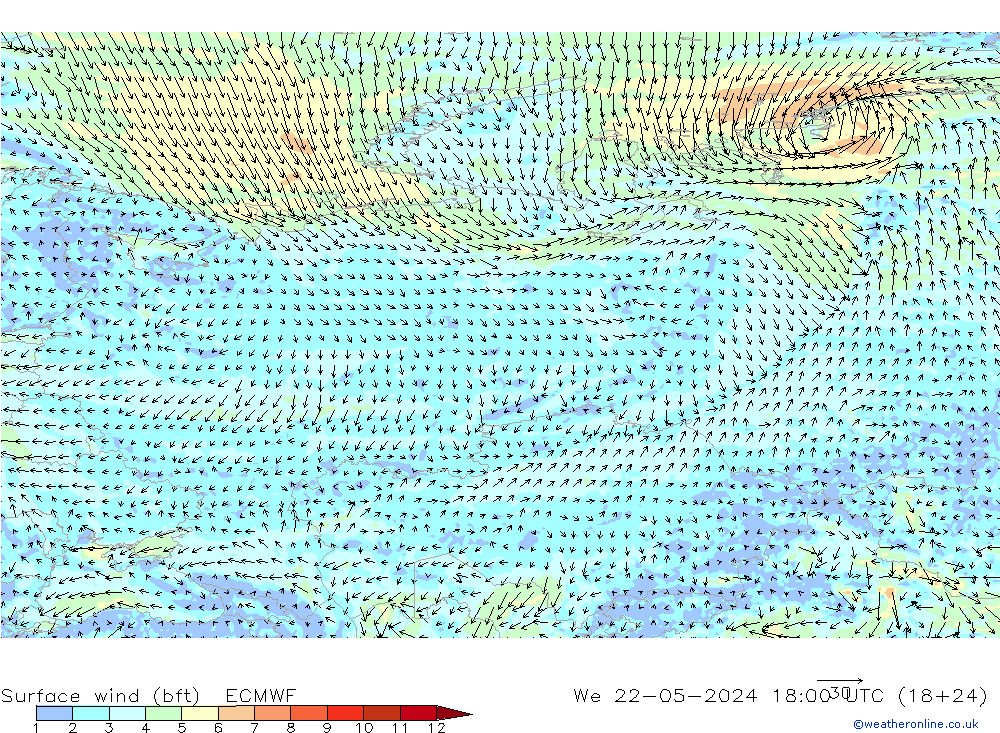 Surface wind (bft) ECMWF St 22.05.2024 18 UTC