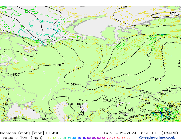 Isotachs (mph) ECMWF вт 21.05.2024 18 UTC