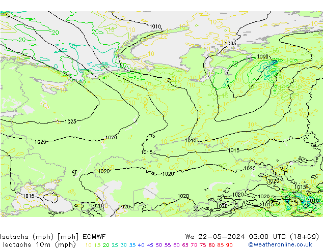 Eşrüzgar Hızları mph ECMWF Çar 22.05.2024 03 UTC