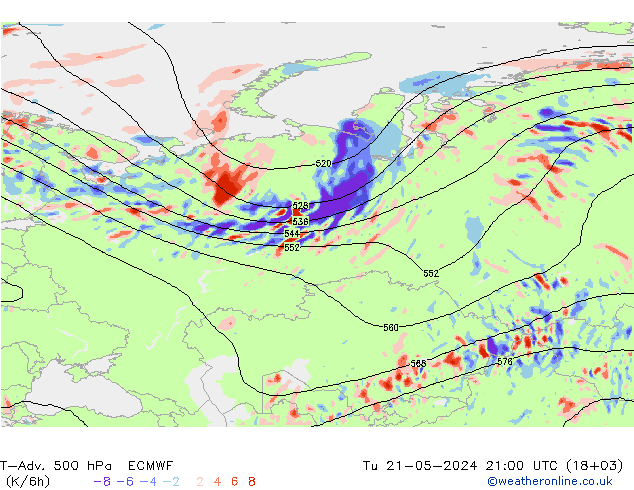 T-Adv. 500 hPa ECMWF Út 21.05.2024 21 UTC