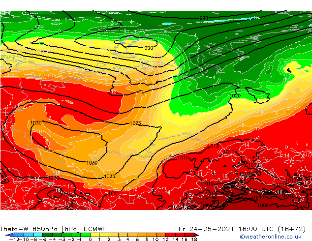 Theta-W 850hPa ECMWF  24.05.2024 18 UTC