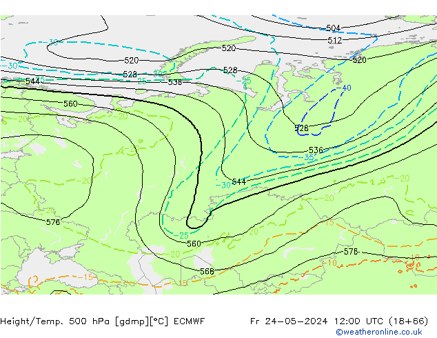 Height/Temp. 500 hPa ECMWF Fr 24.05.2024 12 UTC