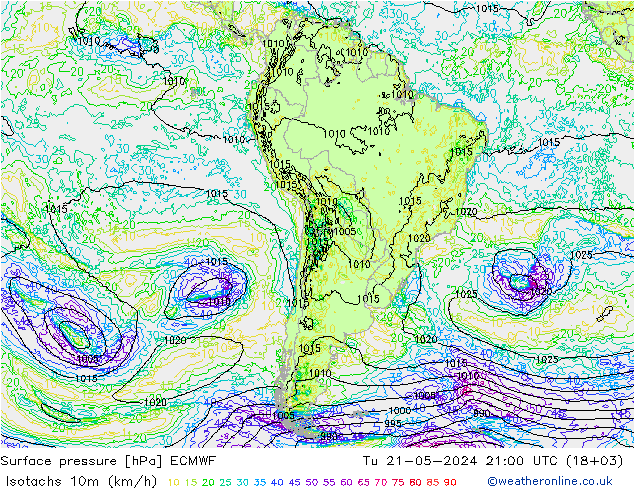 Isotachs (kph) ECMWF вт 21.05.2024 21 UTC