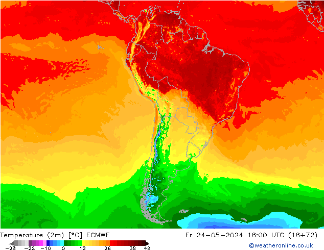 Temperature (2m) ECMWF Pá 24.05.2024 18 UTC