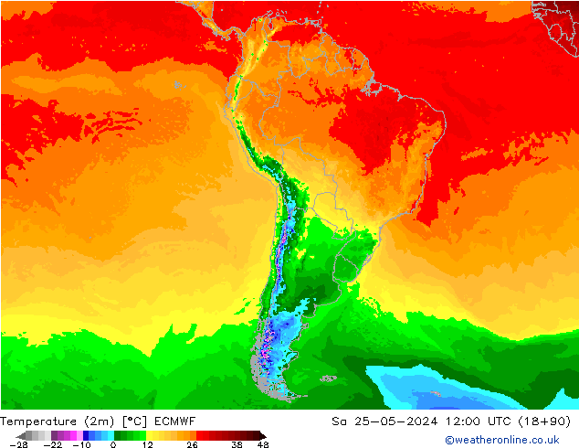 mapa temperatury (2m) ECMWF so. 25.05.2024 12 UTC