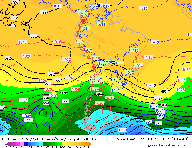 Espesor 500-1000 hPa ECMWF jue 23.05.2024 18 UTC