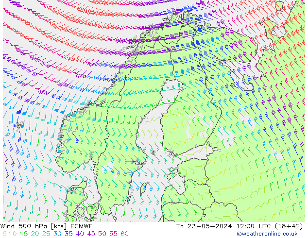 Wind 500 hPa ECMWF do 23.05.2024 12 UTC