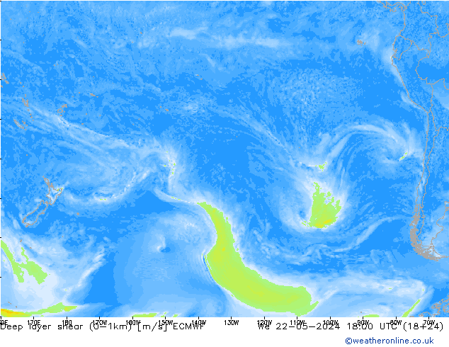Deep layer shear (0-1km) ECMWF  22.05.2024 18 UTC