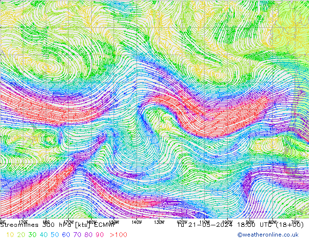 Streamlines 300 hPa ECMWF Út 21.05.2024 18 UTC