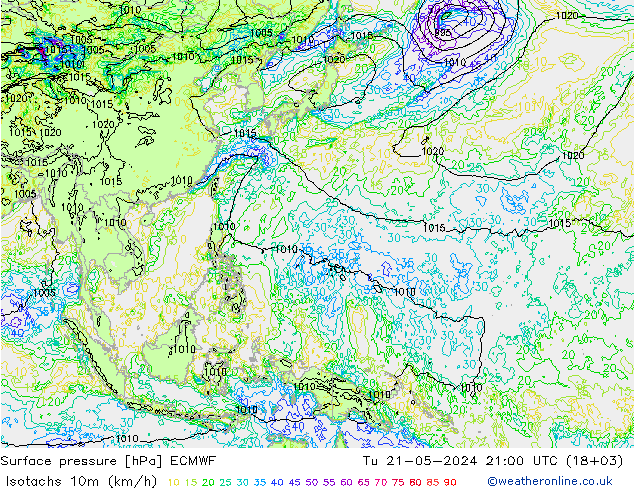 Isotachs (kph) ECMWF Tu 21.05.2024 21 UTC