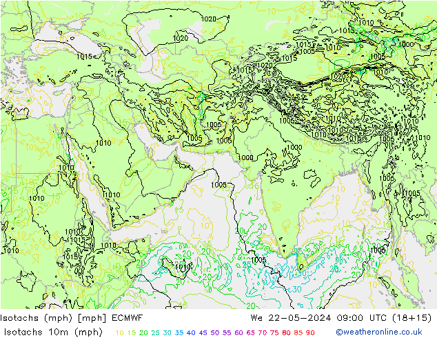 Isotachs (mph) ECMWF We 22.05.2024 09 UTC