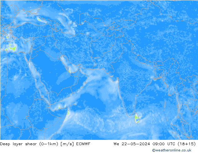 Deep layer shear (0-1km) ECMWF śro. 22.05.2024 09 UTC