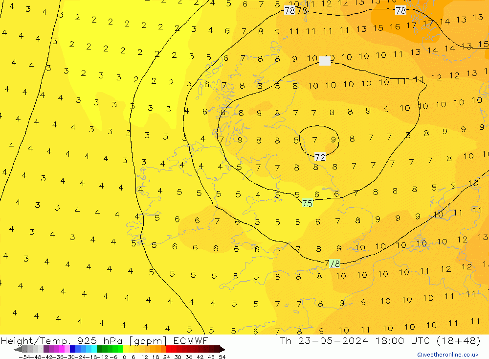 Geop./Temp. 925 hPa ECMWF jue 23.05.2024 18 UTC