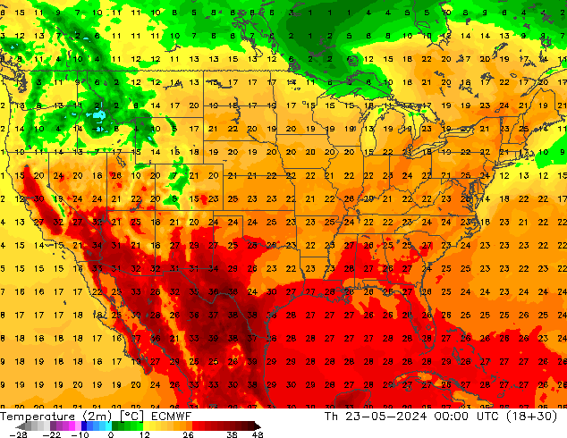 mapa temperatury (2m) ECMWF czw. 23.05.2024 00 UTC