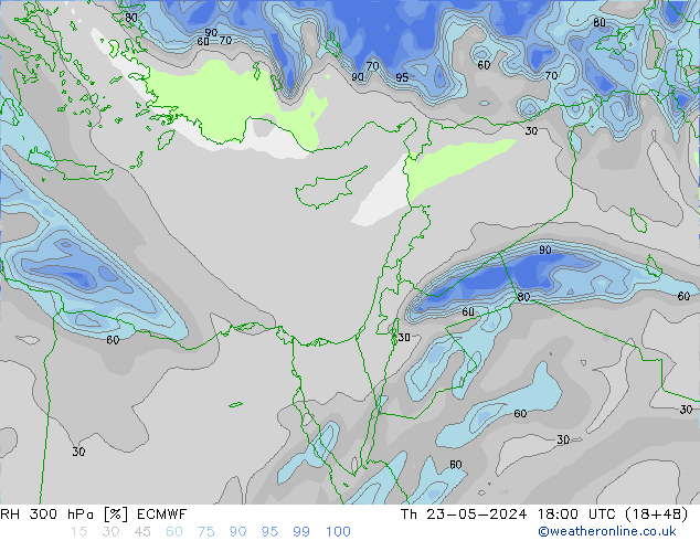 Humidité rel. 300 hPa ECMWF jeu 23.05.2024 18 UTC