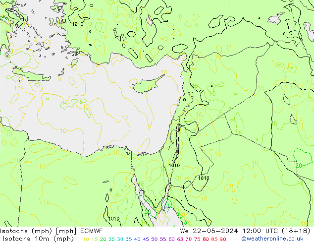 Isotachs (mph) ECMWF  22.05.2024 12 UTC