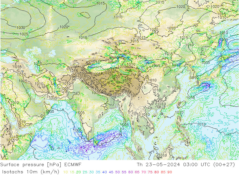 Isotachs (kph) ECMWF Th 23.05.2024 03 UTC