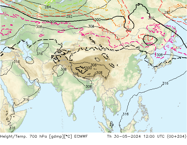 Height/Temp. 700 hPa ECMWF czw. 30.05.2024 12 UTC