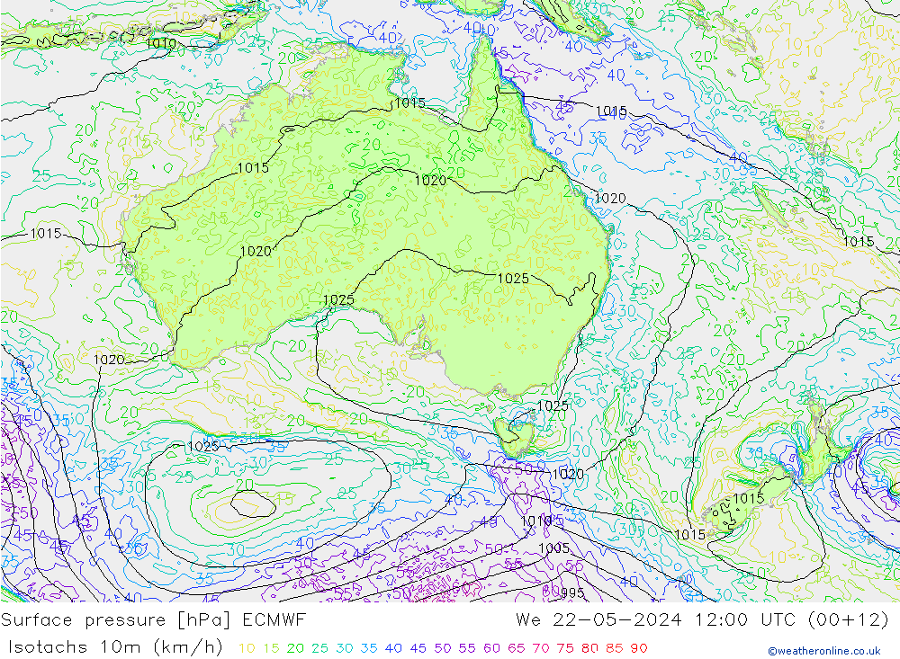 Isotachs (kph) ECMWF Qua 22.05.2024 12 UTC