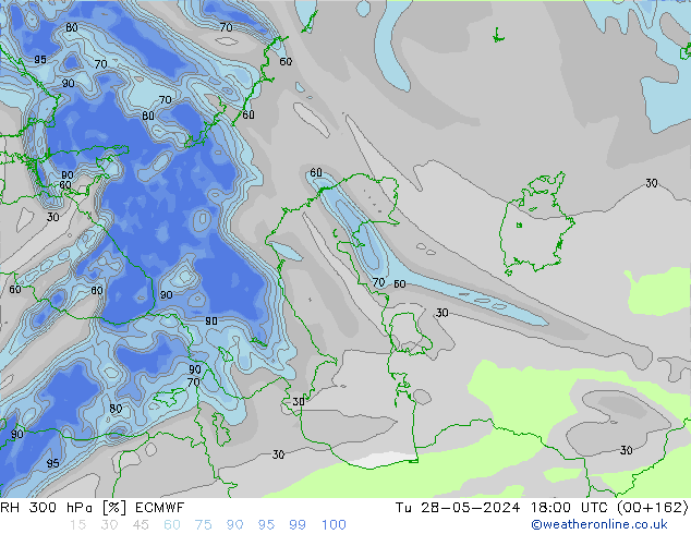 Humidité rel. 300 hPa ECMWF mar 28.05.2024 18 UTC