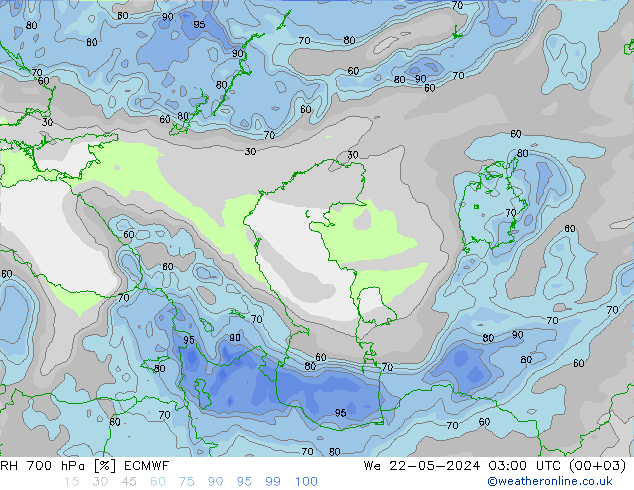 Humidité rel. 700 hPa ECMWF mer 22.05.2024 03 UTC