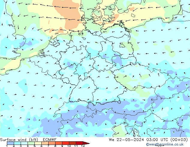 Surface wind (bft) ECMWF We 22.05.2024 03 UTC