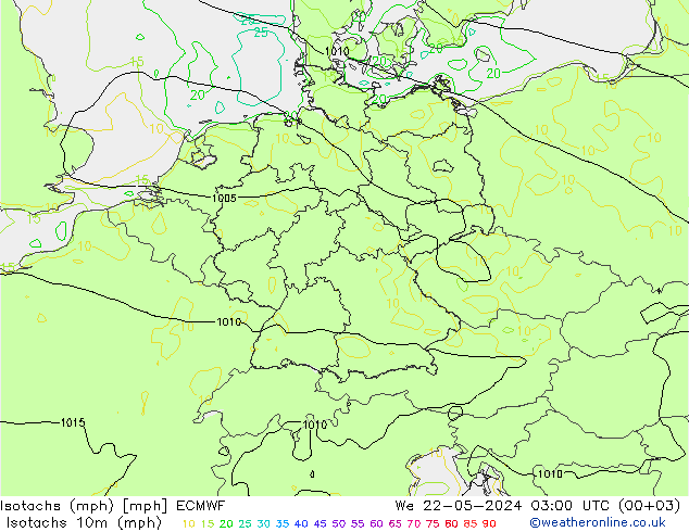 Isotachs (mph) ECMWF 星期三 22.05.2024 03 UTC
