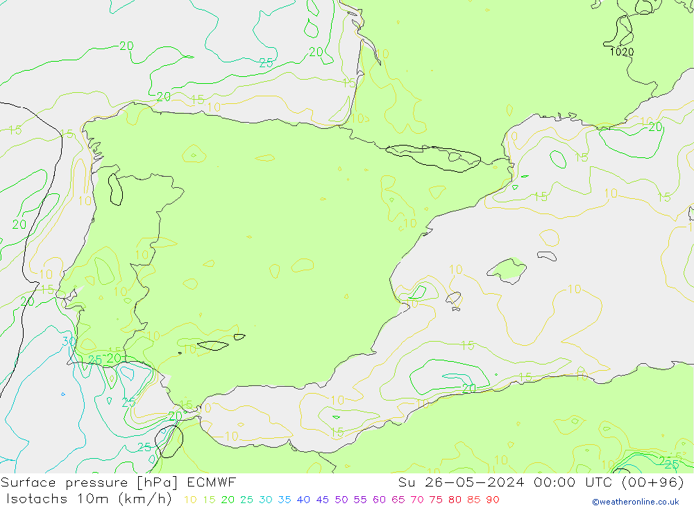 Isotachs (kph) ECMWF Вс 26.05.2024 00 UTC