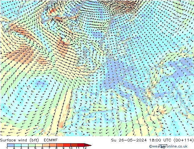 Surface wind (bft) ECMWF Su 26.05.2024 18 UTC