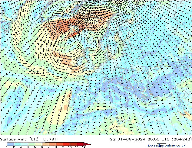 wiatr 10 m (bft) ECMWF so. 01.06.2024 00 UTC