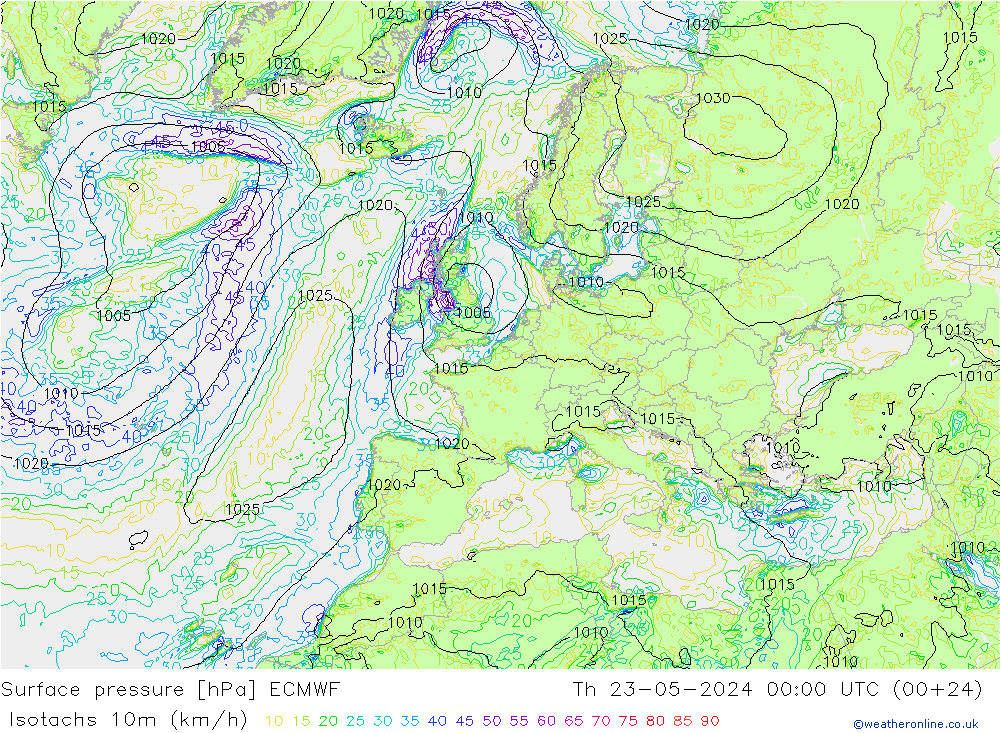 Isotachen (km/h) ECMWF Do 23.05.2024 00 UTC