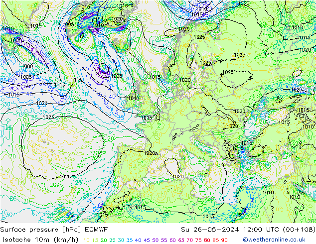 Isotachs (kph) ECMWF Su 26.05.2024 12 UTC