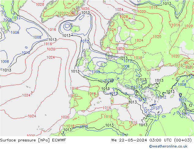 Presión superficial ECMWF mié 22.05.2024 03 UTC