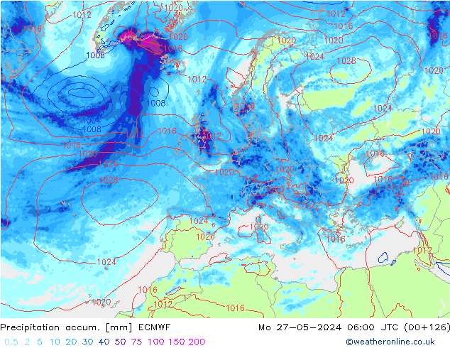 Precipitation accum. ECMWF Mo 27.05.2024 06 UTC