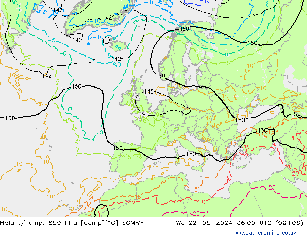 Z500/Yağmur (+YB)/Z850 ECMWF Çar 22.05.2024 06 UTC