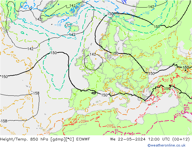 Z500/Rain (+SLP)/Z850 ECMWF  22.05.2024 12 UTC