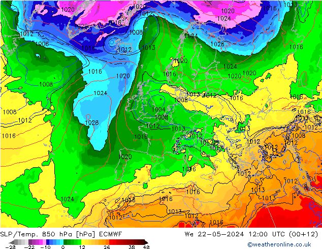 SLP/Temp. 850 hPa ECMWF Mi 22.05.2024 12 UTC