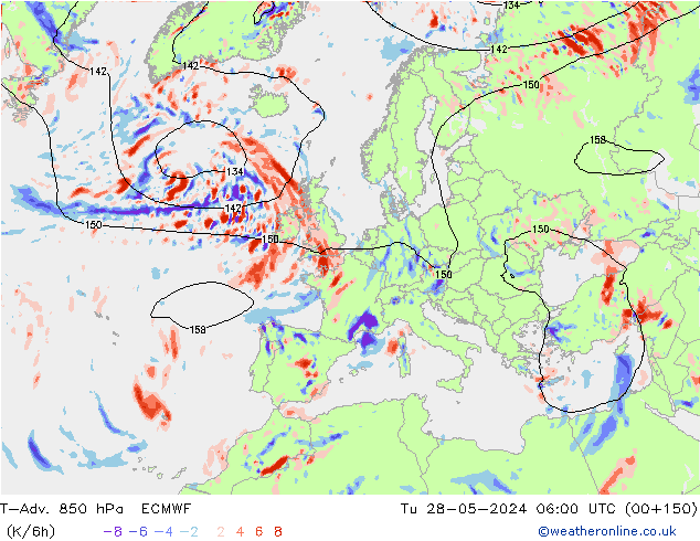 T-Adv. 850 hPa ECMWF Tu 28.05.2024 06 UTC