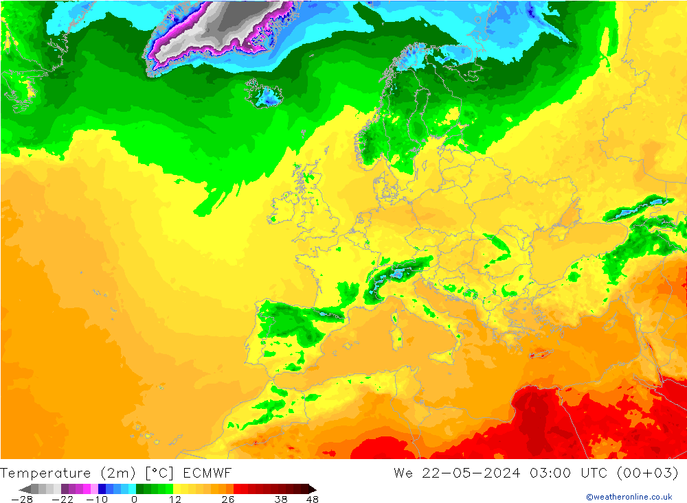 Temperaturkarte (2m) ECMWF Mi 22.05.2024 03 UTC