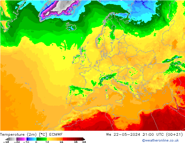 Temperaturkarte (2m) ECMWF Mi 22.05.2024 21 UTC
