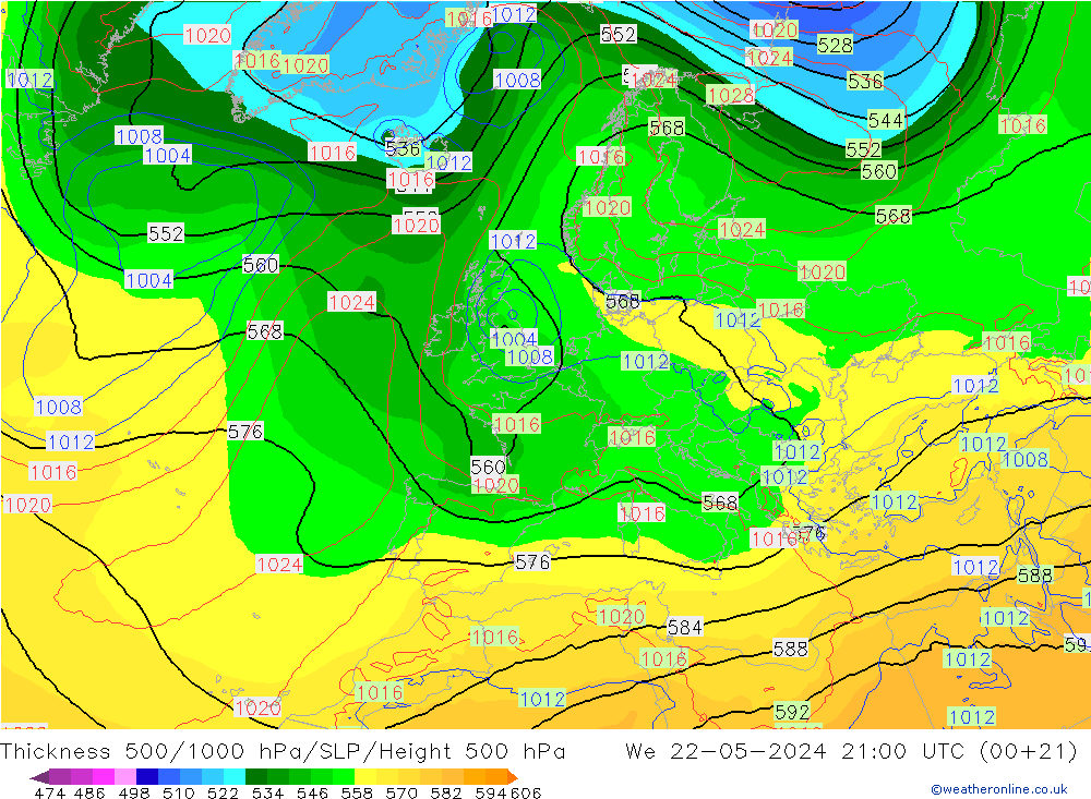 Espesor 500-1000 hPa ECMWF mié 22.05.2024 21 UTC