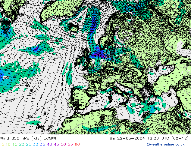 Wind 850 hPa ECMWF Mi 22.05.2024 12 UTC