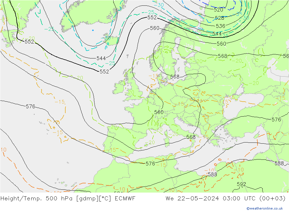 Height/Temp. 500 hPa ECMWF We 22.05.2024 03 UTC