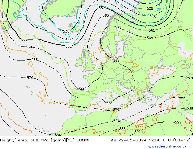 Z500/Rain (+SLP)/Z850 ECMWF Qua 22.05.2024 12 UTC