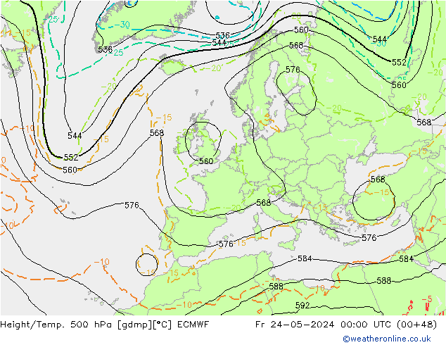 Z500/Rain (+SLP)/Z850 ECMWF Fr 24.05.2024 00 UTC