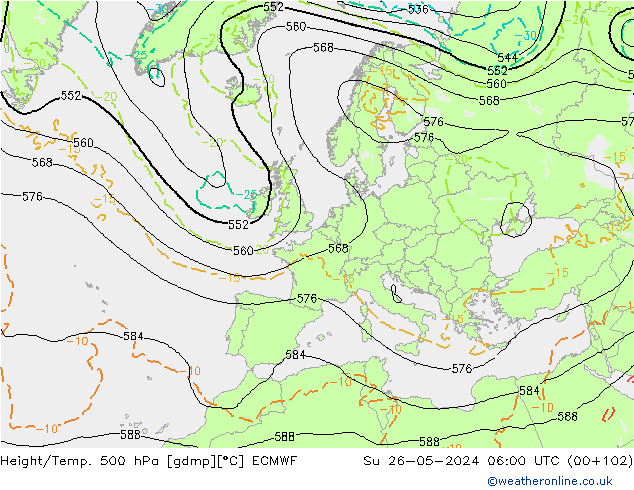 Z500/Rain (+SLP)/Z850 ECMWF So 26.05.2024 06 UTC